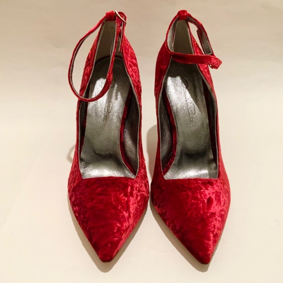 Oscar de la Renta Shoe Red Velvet Heels Stiletto Heel Dress Designer Shoes 37.5 - Picture 9 of 16